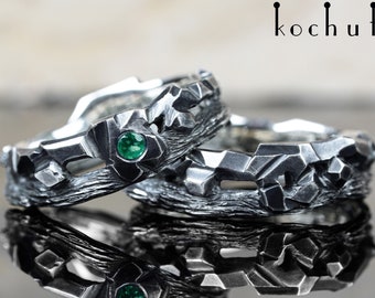 Stone and Twig – Couple promise rings Nature wedding ring Genuine emerald Unique design Handmade by kochut