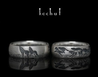 Promise ring for couples with Wolves. Gothic rings - couple wedding bands. Unique design. Handmade by Kochut