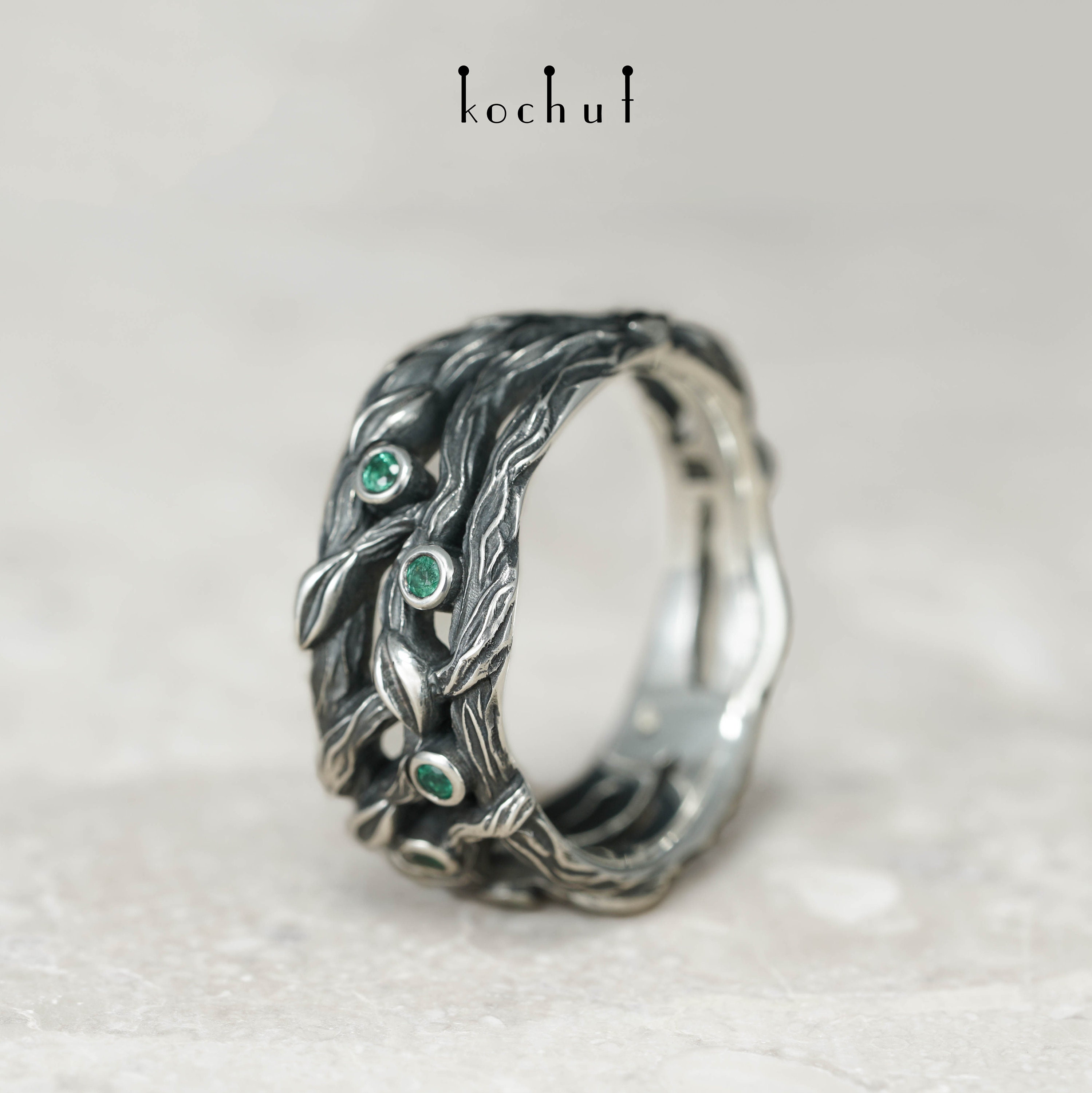 Forest ring silver with emeralds. Nature mens wedding band. Etsy