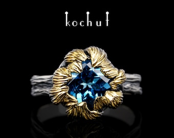 Sunflower engagement ring with gemstone. Fantasy branch ring. Unique design. Handmade jewelry by kochut