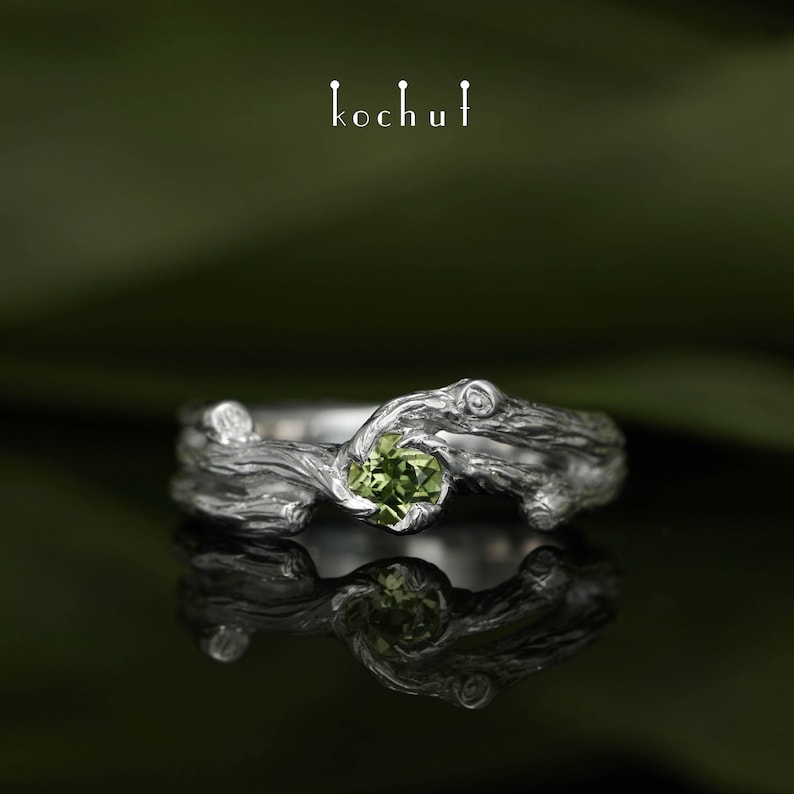 Peridot elvish silver ring Non traditional engagement ring Unique design Handmade