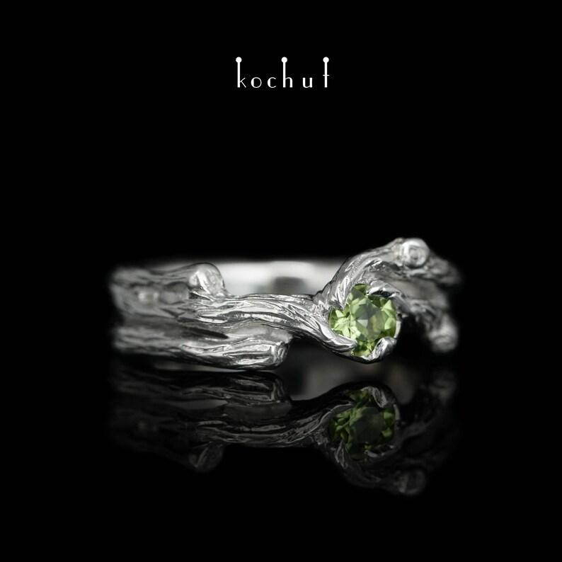 Peridot elvish silver ring Non traditional engagement ring Unique design Handmade