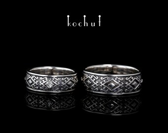 Hutsul – Diamond gothic wedding rings. Wedding ring set his and hers from Ukraine. Unique design. Handmade jewelry by kochut