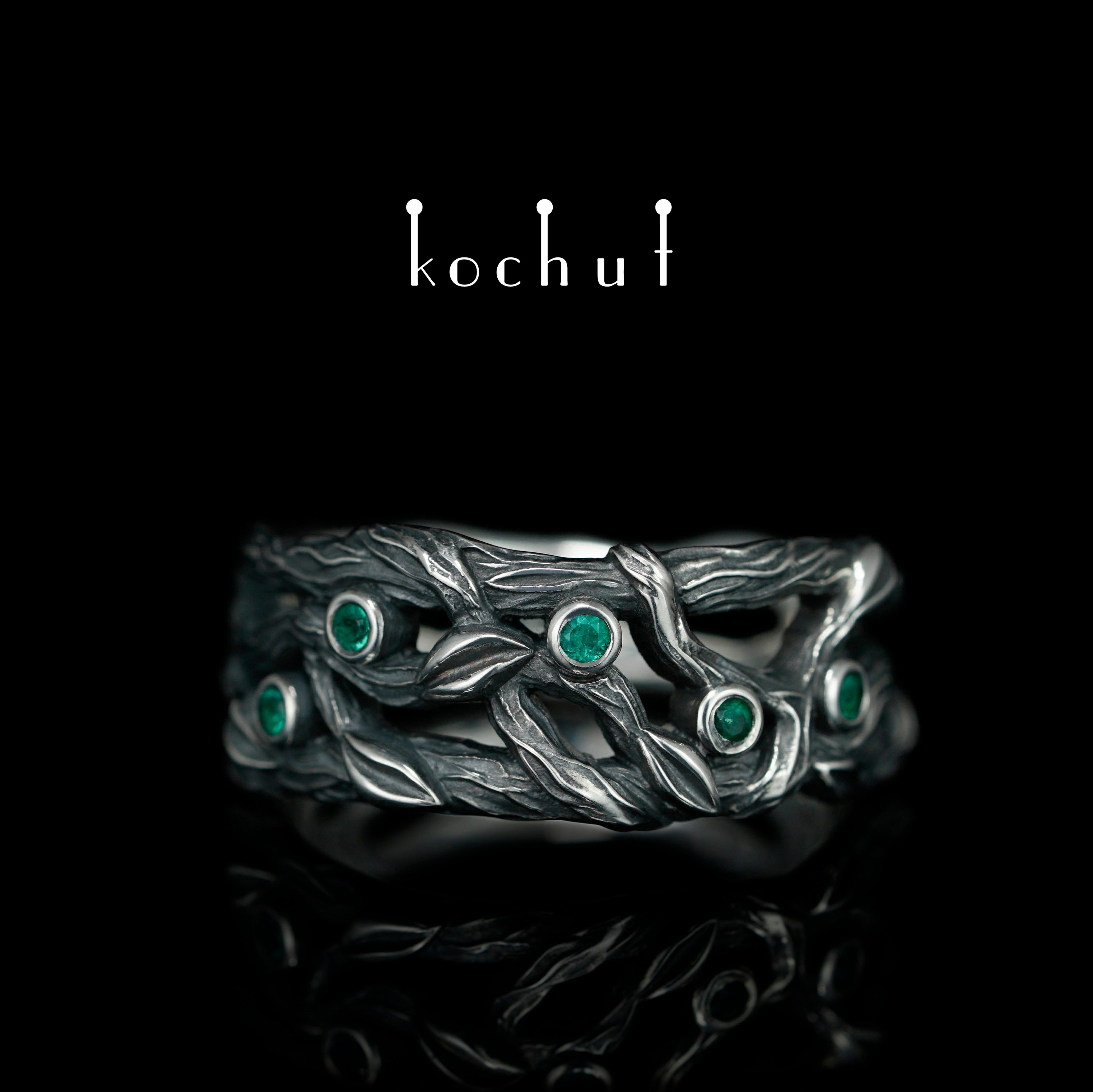 Forest ring silver with emeralds. Nature mens wedding band. Etsy