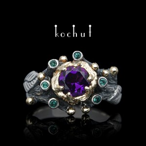 Triumph of life – amethyst ring vintage. Nature engagement ring with amethyst and emeralds. Unique design. Handmade jewelry by kochut