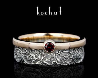 Garnet womens wedding band. Floral ring. Unique design. Handmade by kochut