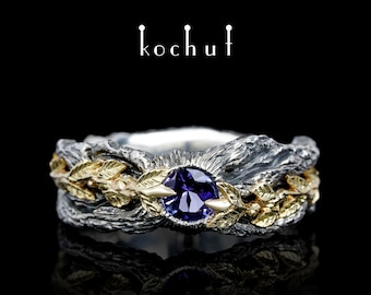 Natural tanzanite ring Leaves wedding band Unique design Handmade by kochut