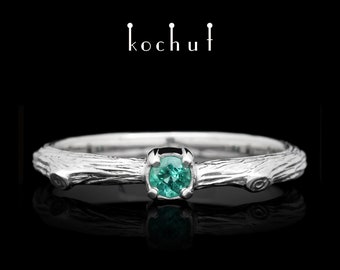 Fragile Twig – unique engagement ring emerald. Nature inspired tiny ring. Unique design. Handmade by kochut