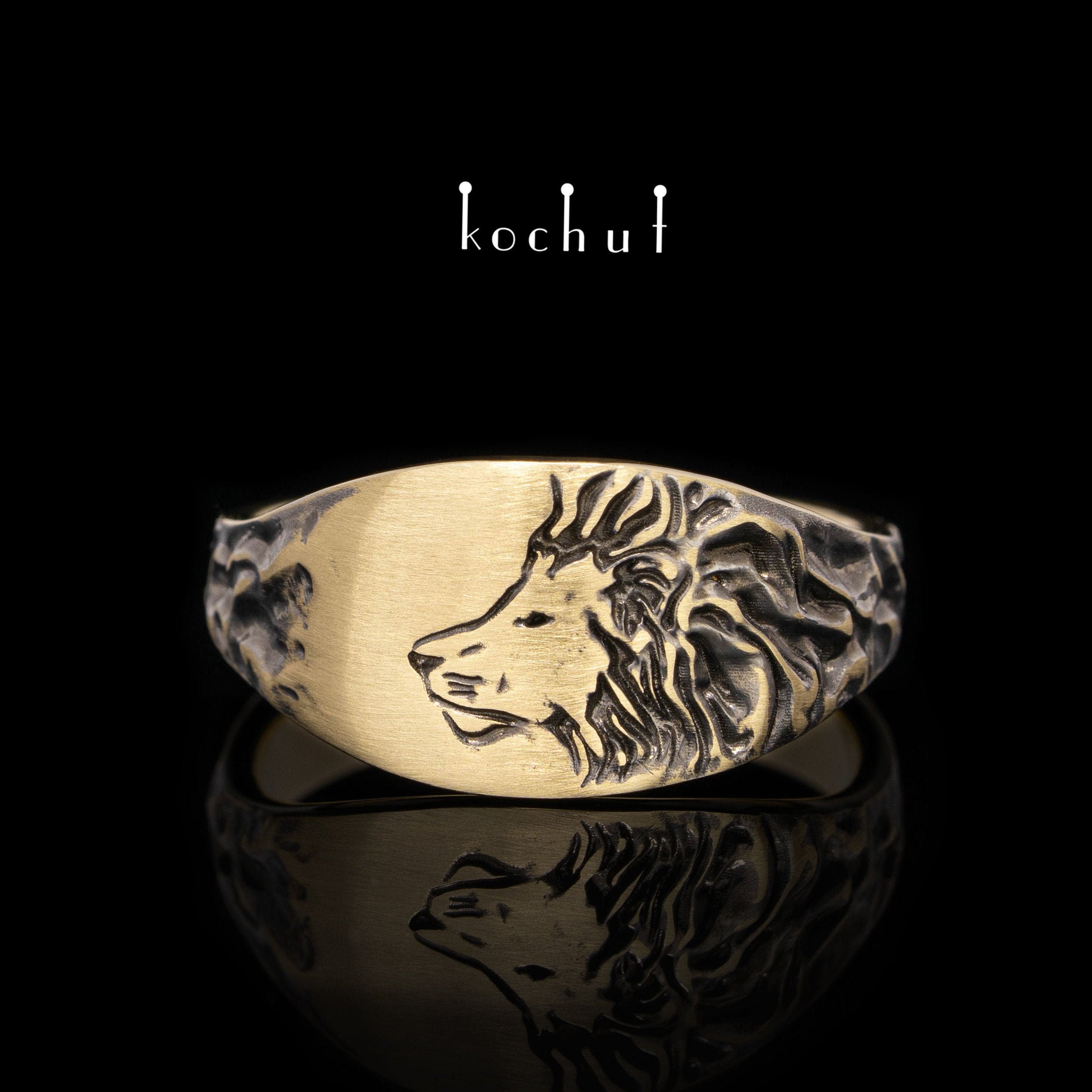 10K Yellow Gold Gents Diamond & Ruby Antiqued Lion Ring - Golden Creations