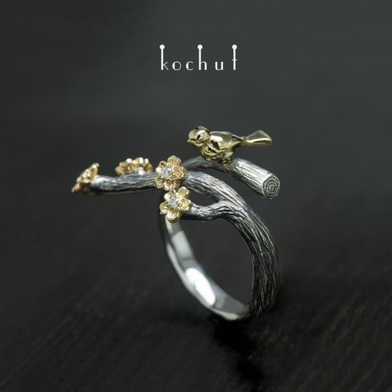 Flowers and Bird on the Twig Adjustable Ring. Nature Engagement Ring.  Unique Design Ring. Handmade by Kochut - Etsy