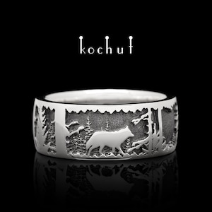 Pack of Wolves - wolf ring men silver. Nature inspired ring. Unique design. Handmade jewelry by kochut