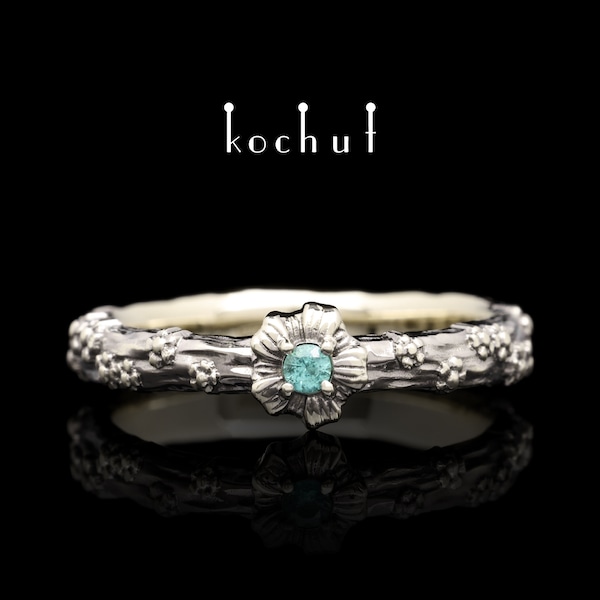 Forget-me-not – flower engagement ring white gold with emerald. Natural emerald ring. Unique design. Handmade jewelry by kochut