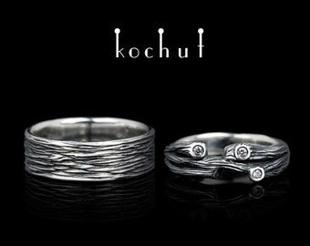 Nature inspired ring with diamonds. Branch couple ring set. Unique design. Handmade by kochut