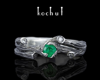 Twig – Emerald engagement ring with diamonds. Twig engagement ring with gemstone. Unique design. Handmade jewelry by kochut
