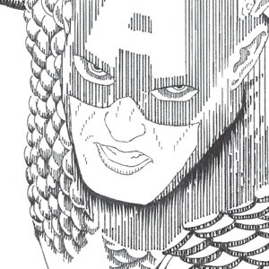 Pu&ograve; includere: Illustrazione in bianco e nero di una persona che indossa una maschera con un'espressione seria. La persona ha i capelli intrecciati e indossa un capo di abbigliamento con un motivo.