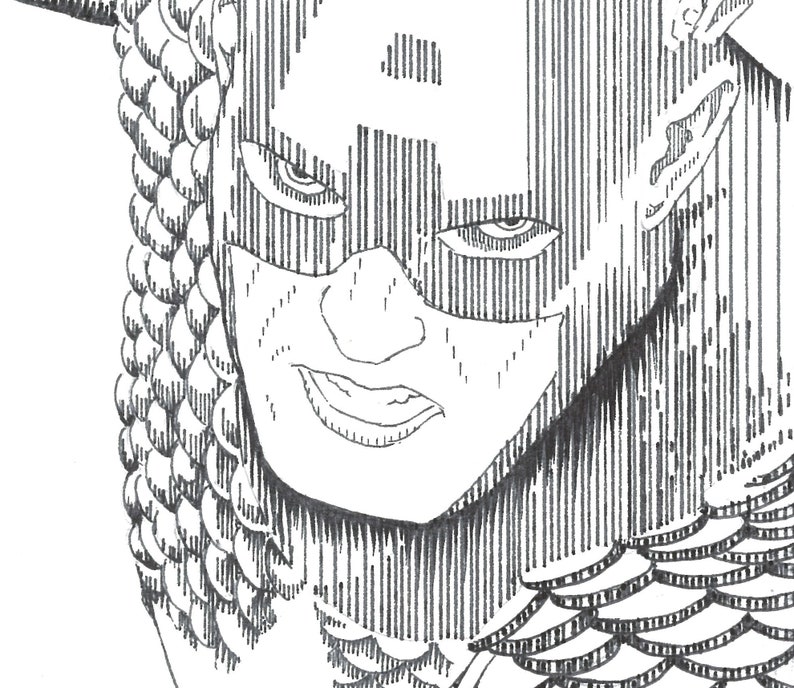 Pu&ograve; includere: Illustrazione in bianco e nero di una persona che indossa una maschera con un'espressione seria. La persona ha i capelli intrecciati e indossa un capo di abbigliamento con un motivo.