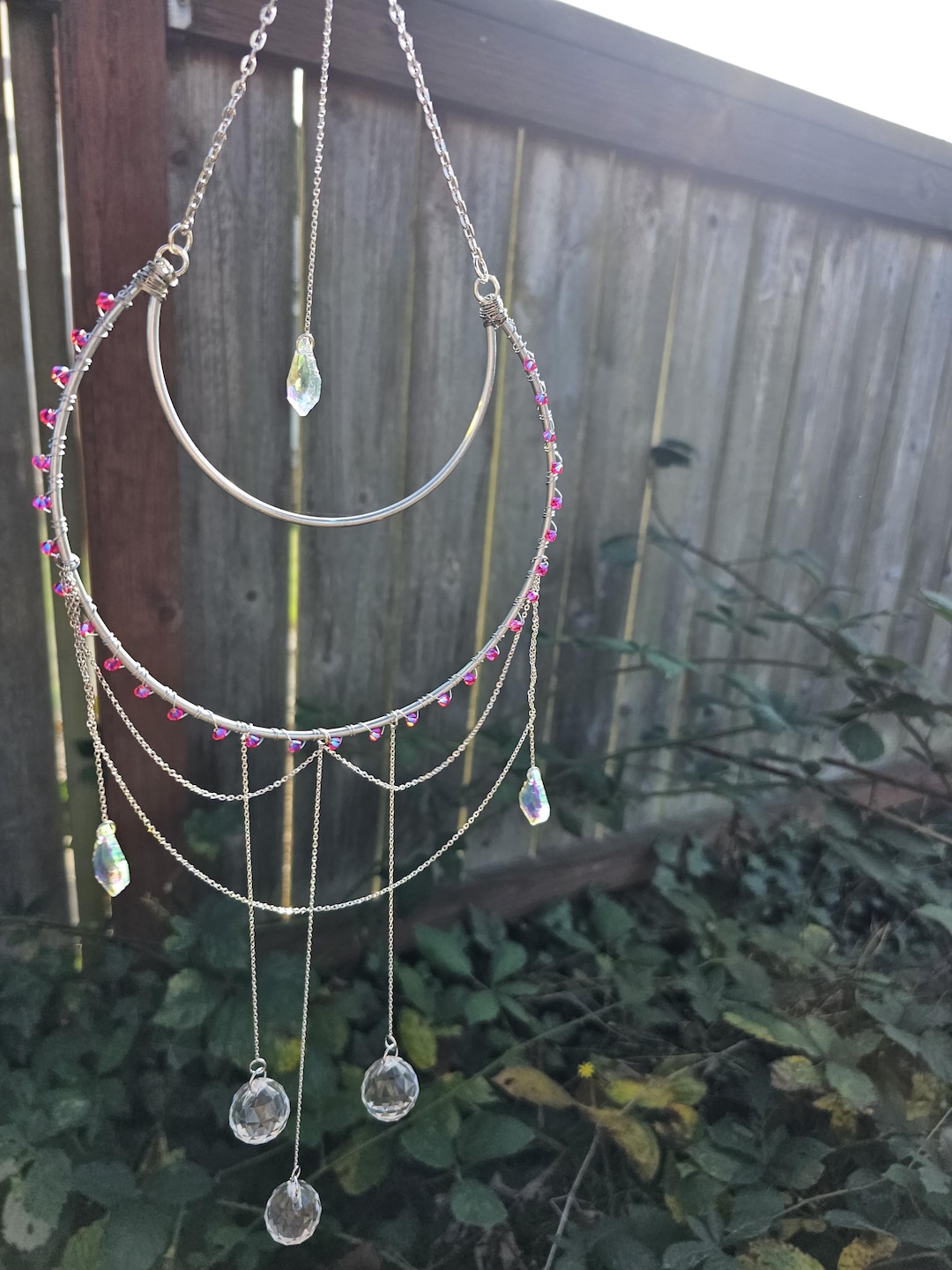 Pink Nebula Crystal Suncatcher Boho Celestial Wall Hanging Crescent 