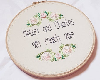 Wedding day embroidery hoop / custom cross stitch / personalised couple's names / newlywed or anniversary gift / embroidered bridal flowers