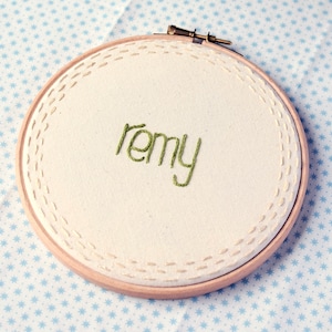 Personalised baby name embroidery // custom cross stitch hoop art // minimal modern baby sign // framed word / girls room nursery home decor