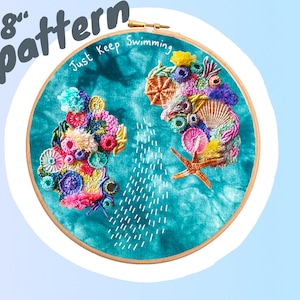 Under the sea embroidery pattern, 3D coral stitch-a-long, cross stitch pdf download, sealife scene, 8” inch hoop, stitch craft project