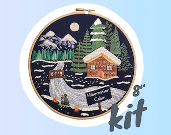 Holiday embroidery kit, Christmas stitch-a-long, cross stitch gift, cabin winter scene, 8” inch hoop, stitch therapy club, craft project