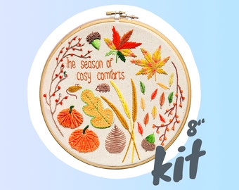 Autumn embroidery kit, fall-themed stitch-along, beginner embroidery, leaves, pumpkins, halloween tutorial, cosy gift, adult craft project