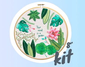 Kit de bordado de hojas, punto de cruz de plantas de interior, tutorial de puntada intermedia, aro botánico grande, club de terapia de puntadas, proyecto de artesanía