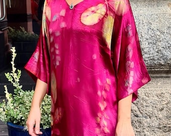 Handmade Botanical Print Silk Dress: Loose Fit Tunic with Pockets