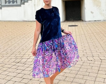 One-of-a-Kind Handmade Dress – Natural Silk Velvet & Organza, Sheer Hem, Artistic Unique Clothing