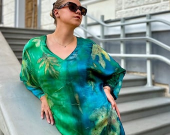 Emerald Botanical Dream – Hand-Painted Mulberry Silk Dress, One of a Kind Artwear