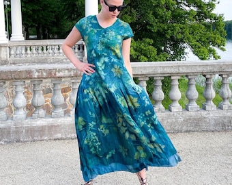 Emerald Green Silk Nuno Felted Dress: Botanical Print, Handmade