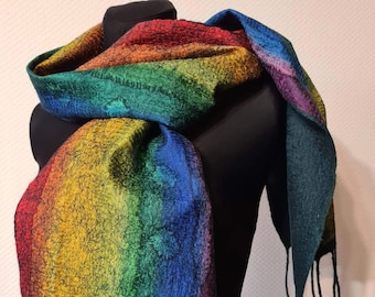 Felted Rainbow Scarf, Merino Wool, Hand-Painted Silk