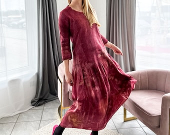 Handmade Burgundy Silk Dress: Nunofelted Botanical Midi