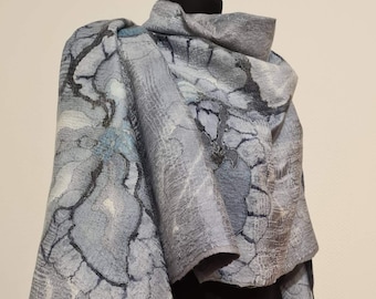 Gray Felted Scarf, Nuno felted Shawl,Gift for wife,Christmas gift, Hand-painted Silk Scarf, Gift for her