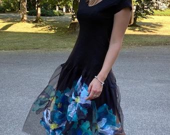 Black Silk Party Dress, Felted Wool Ornament, Hand-Painted Tulle, Size L-XL
