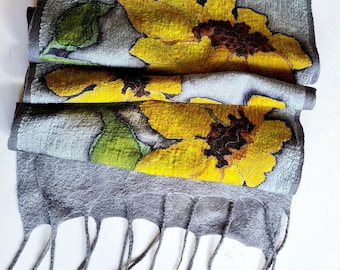 Hand-Painted Sunflower Scarf: Nunofelted Merino Wool & Silk Shawl