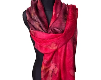 Botanical Print Silk Scarf, Red Eco-Printed Scarf