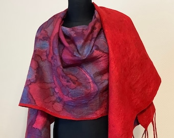 Hand-Painted Red Felted Merino Wool Scarf: Large Floral Silk Scarf