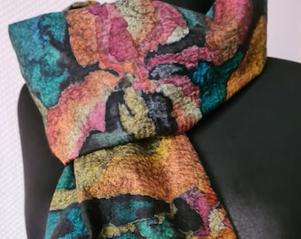 Handmade Felted Merino Wool Scarf: Hand-Painted Silk Shawl,Gift for Her