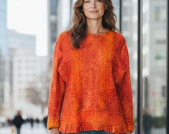 LeDifelt Hand Felted Merino Wool & Silk Sweater – Orange Nuno Felt Tunic, Artisan Boho Top, Unique Handmade Clothing