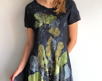Hand-Painted Silk Flower Dress: Felted Merino Wool, Custom Made