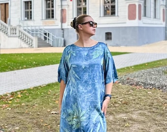 Blue Botanical Dream – Hand-Painted Mulberry Silk Dress, One of a Kind Artwear