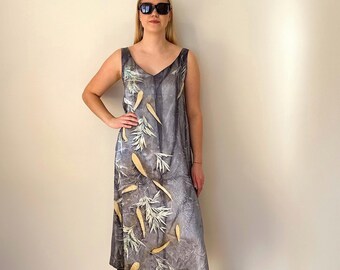 Handmade Silk Spaghetti Strap Dress: Botanical Print Gray Summer Dress