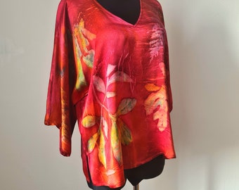 Bright pink red silk blouse, Botanical print blouse, Silk blouse with sleeves, Silk clothing for women, Original blouse