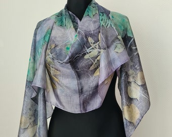 Gray silk scarf,Botanicalprint silk, Plant print, Gift for her,Designer scarf,Mothers Day gift,Birthday gift