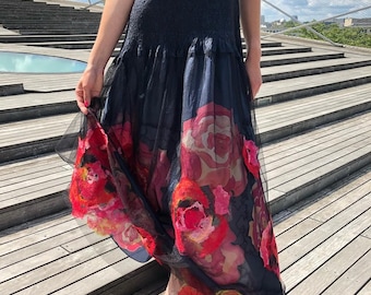 Nuno Felted Silk Dress: Handmade Black Dress with Red Roses
