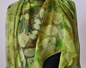 Chiffon scarf with eco print, Silk scarf in bronze and yellow shades, Scarf transparent and light, Gift for Mom, Original handmade gift