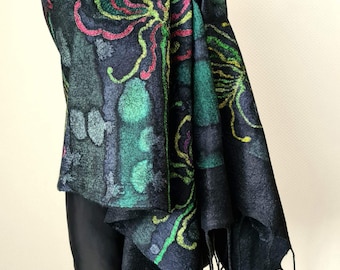Black Felted Scarf: Silk Merino Wool Shawl, Hand-Painted Flowers