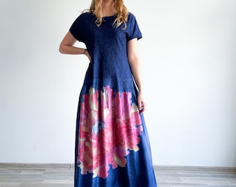 Hand-Painted Silk Maxi Dress: Blue Felted Poppy Evening Gown