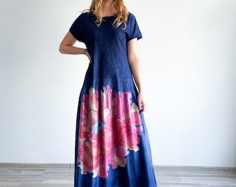 Women silk clothing,Blue Silk Dress with Poppy, Felted Dress, Oversized Evening Dress, Mother of the Bride Dress